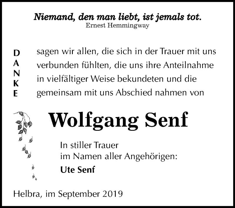  Traueranzeige für Wolfgang Senf vom 28.09.2019 aus Mitteldeutsche Zeitung Mansfelder Land
