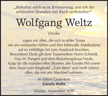 Traueranzeige von Wolfgang Weltz von Super Sonntag Wittenberg