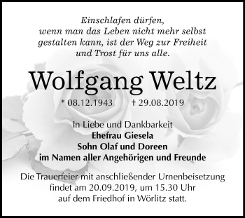 Traueranzeige von Wolfgang Weltz von Mitteldeutsche Zeitung Dessau-Roßlau