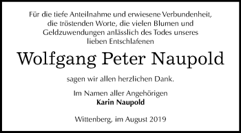 Traueranzeige von Wolfgang Peter Naupold von Mitteldeutsche Zeitung Wittenberg