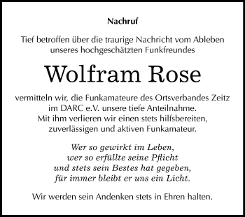 Traueranzeige von Wolfram Rose von Super Sonntag Zeitz