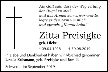 Traueranzeige von Zitta Preisigke von Mitteldeutsche Zeitung Bitterfeld