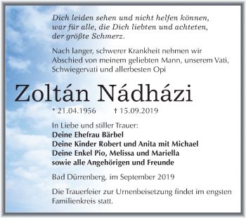 Traueranzeige von Zoltán Nádházi von Mitteldeutsche Zeitung Merseburg/Querfurt