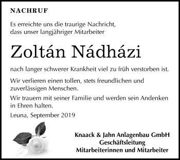 Traueranzeige von Zoltán Nádházi von Mitteldeutsche Zeitung Merseburg/Querfurt