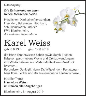 Traueranzeige von Karel Weiss von Super Sonntag Sangerhausen