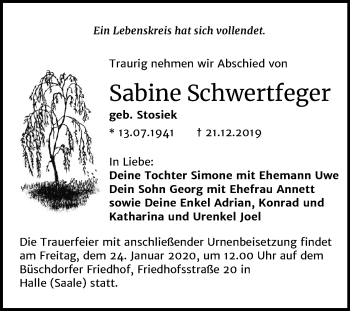 Traueranzeige von Sabine Schwertfeger von Mitteldeutsche Zeitung Halle/Saalkreis