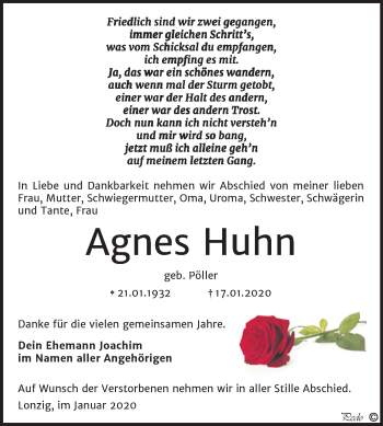 Traueranzeige von Agnes Huhn von Super Sonntag Zeitz