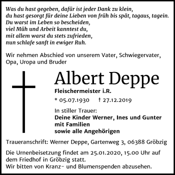 Traueranzeige von Albert Deppe von Super Sonntag Köthen