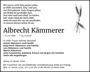 Traueranzeige von Albrecht Kämmerer von Wochenspiegel Naumburg/Nebra
