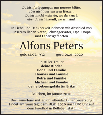 Traueranzeige von Alfons Peters von Super Sonntag Bernburg