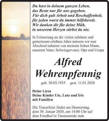 Traueranzeige von Alfred Wehrenpfennig von Mitteldeutsche Zeitung Quedlinburg