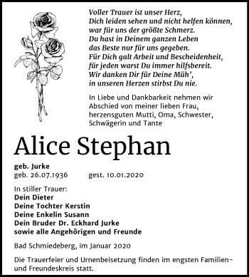 Traueranzeige von Alice Stephan von Super Sonntag Wittenberg
