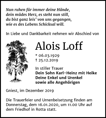 Traueranzeige von Alois Loff von Mitteldeutsche Zeitung Wittenberg