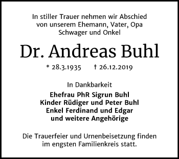 Traueranzeige von Andreas Buhl von Mitteldeutsche Zeitung Halle/Saalkreis