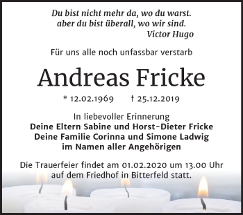 Traueranzeige von Andreas Fricke von Wochenspiegel Bitterfeld