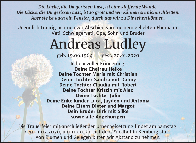  Traueranzeige für Andreas Ludley vom 25.01.2020 aus Super Sonntag Wittenberg