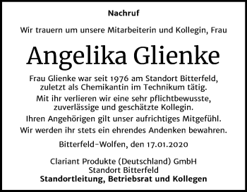 Traueranzeige von Angelika Glienke von Wochenspiegel Bitterfeld