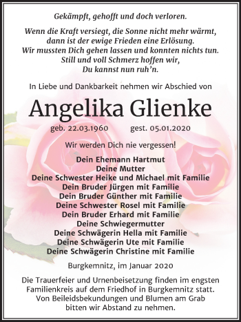 Traueranzeige von Angelika Glienke von Mitteldeutsche Zeitung Wittenberg