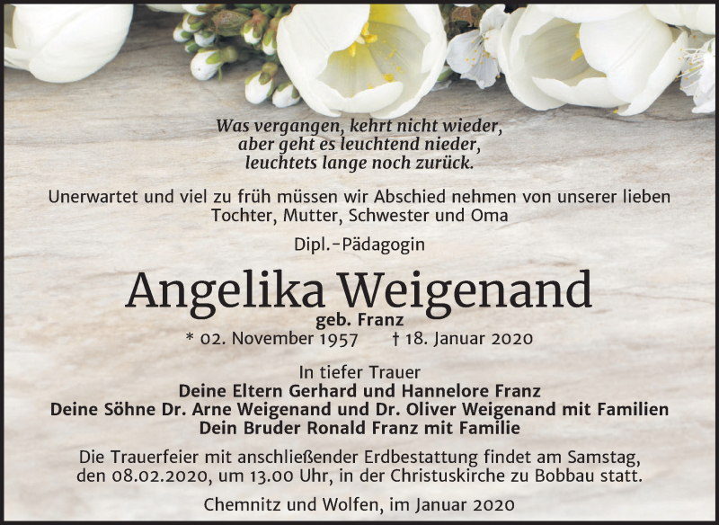  Traueranzeige für Angelika Weigenand vom 29.01.2020 aus Wochenspiegel Bitterfeld
