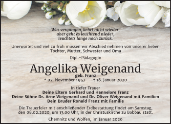 Traueranzeige von Angelika Weigenand von Wochenspiegel Bitterfeld