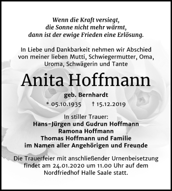 Traueranzeige von Anita Hoffmann von Mitteldeutsche Zeitung Halle/Saalkreis