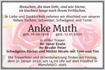 Traueranzeige von Anke Muth von Super Sonntag Mansfelder Land