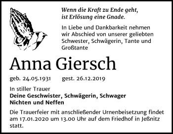 Traueranzeige von Anna Giersch von Mitteldeutsche Zeitung Bitterfeld