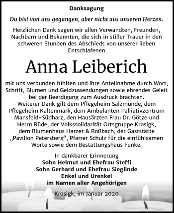 Traueranzeige von Anna Leiberich von Mitteldeutsche Zeitung Halle/Saalkreis