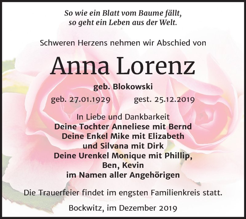  Traueranzeige für Anna Lorenz vom 04.01.2020 aus Mitteldeutsche Zeitung Zeitz