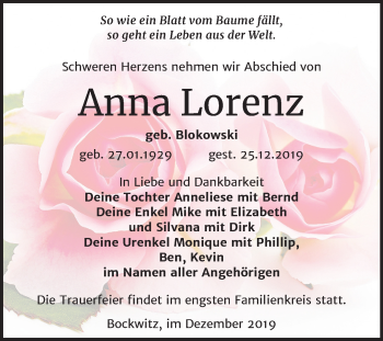 Traueranzeige von Anna Lorenz von Mitteldeutsche Zeitung Zeitz