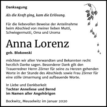 Traueranzeige von Anna Lorenz von Super Sonntag Zeitz
