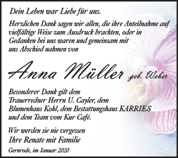 Traueranzeige von Anna Müller von Mitteldeutsche Zeitung Quedlinburg