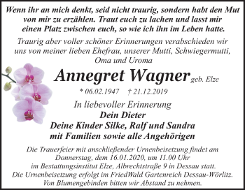Traueranzeige von Annegret Wagner von Super Sonntag Dessau-Roßlau