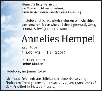 Traueranzeige von Annelies Hempel von Mitteldeutsche Zeitung Quedlinburg