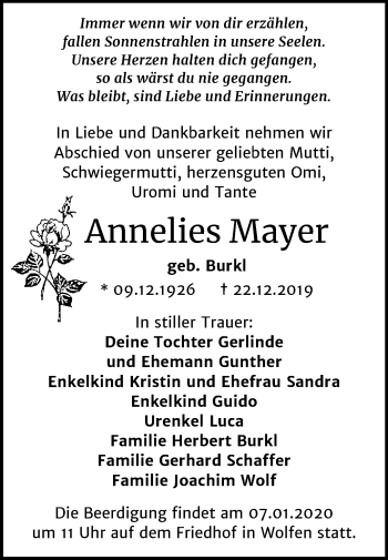 Traueranzeige von Annelies Mayer von Mitteldeutsche Zeitung Bitterfeld