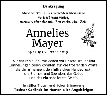 Traueranzeige von Annelies Mayer von Mitteldeutsche Zeitung Bitterfeld