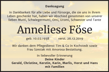 Traueranzeige von Anneliese Föse von Super Sonntag Dessau-Roßlau