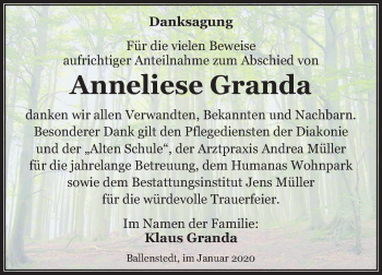 Traueranzeige von Anneliese Granda von Mitteldeutsche Zeitung Quedlinburg