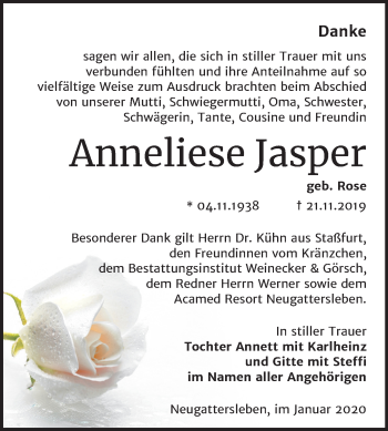 Traueranzeige von Anneliese Jasper von Super Sonntag Bernburg