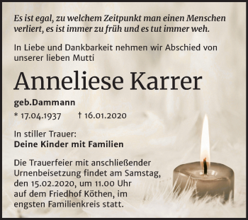 Traueranzeige von Anneliese Karrer von Mitteldeutsche Zeitung Köthen