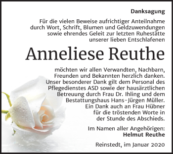 Traueranzeige von Anneliese Reuthe von Super Sonntag Aschersleben