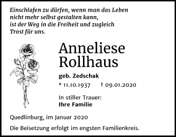 Traueranzeige von Anneliese Rollhaus von Mitteldeutsche Zeitung Quedlinburg