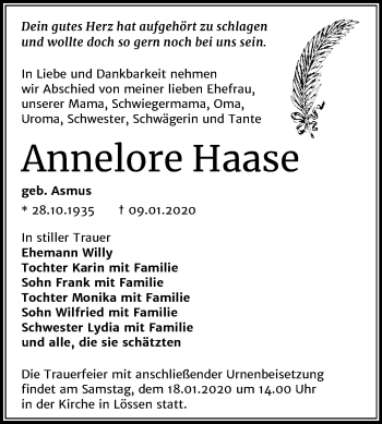 Traueranzeige von Annelore Haase von Mitteldeutsche Zeitung Merseburg/Querfurt