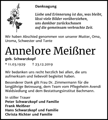 Traueranzeige von Annelore Meißner von Super Sonntag Dessau-Roßlau
