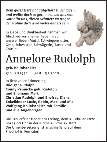 Traueranzeige von Annelore Rudolph von Mitteldeutsche Zeitung Köthen