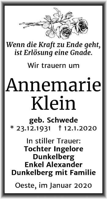 Traueranzeige von Annemarie Klein von Mitteldeutsche Zeitung Mansfelder Land