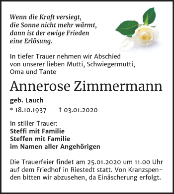 Traueranzeige von Annerose Zimmermann von Mitteldeutsche Zeitung Sangerhausen