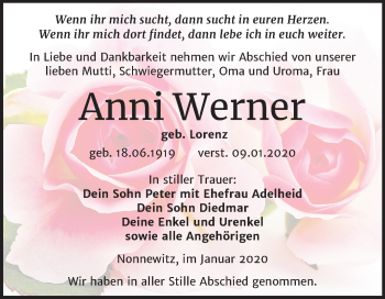 Traueranzeige von Anni Werner von Mitteldeutsche Zeitung Zeitz
