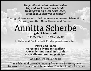 Traueranzeige von Annitta Scherbe von Super Sonntag Mansfelder Land