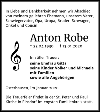Traueranzeige von Anton Robe von Wochenspiegel Mansfelder Land
